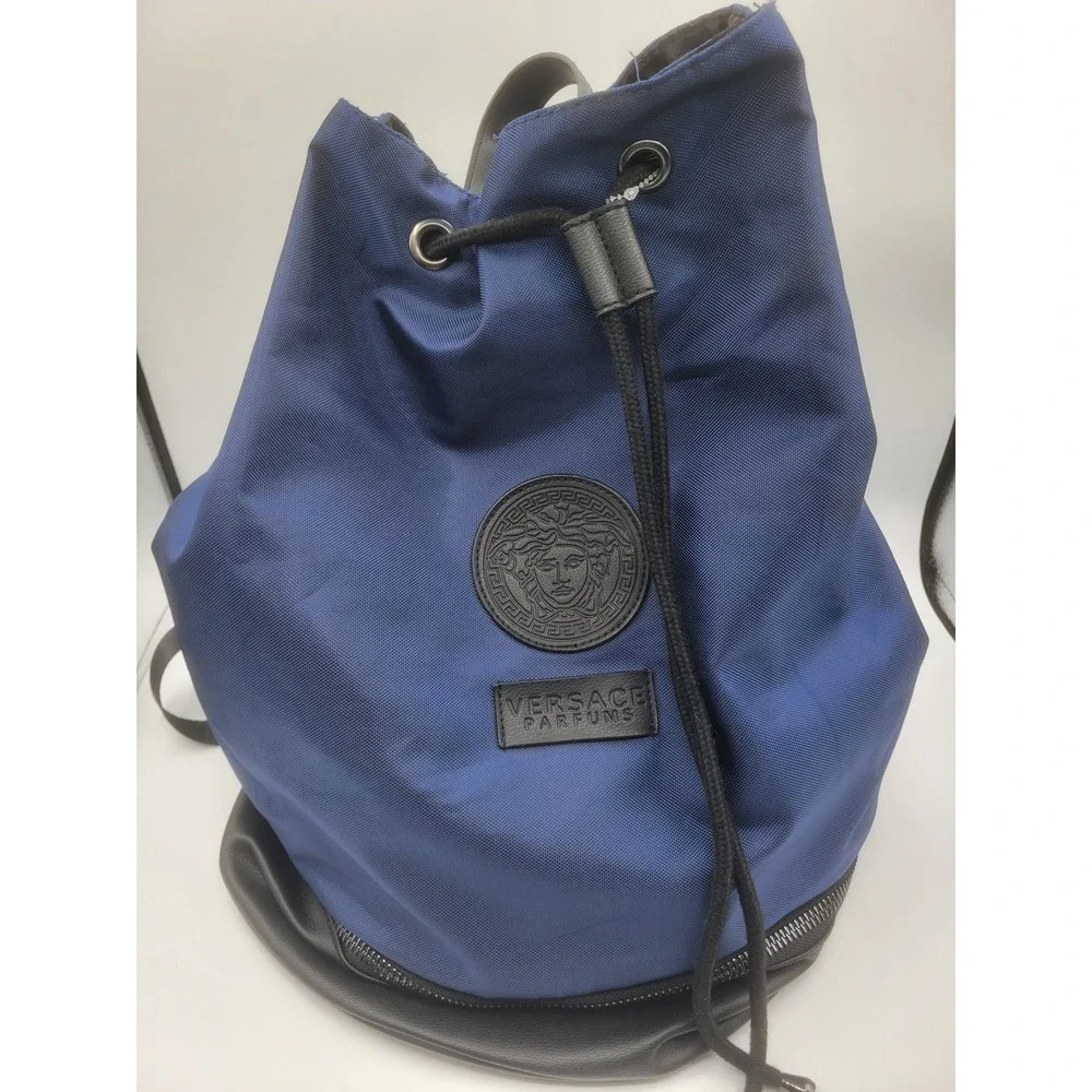 Versace Parfums Navy Blue Nylon Medusa Drawstring Backpack Greca Straps Bag